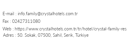 Crystal Family Resort & Spa telefon numaralar, faks, e-mail, posta adresi ve iletiim bilgileri